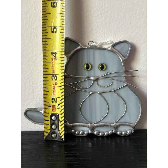 Gray Stained Glass Cat Suncatcher with Green Eyes & Wire Whiskers Chubby Kitty - Picture 6 of 6
